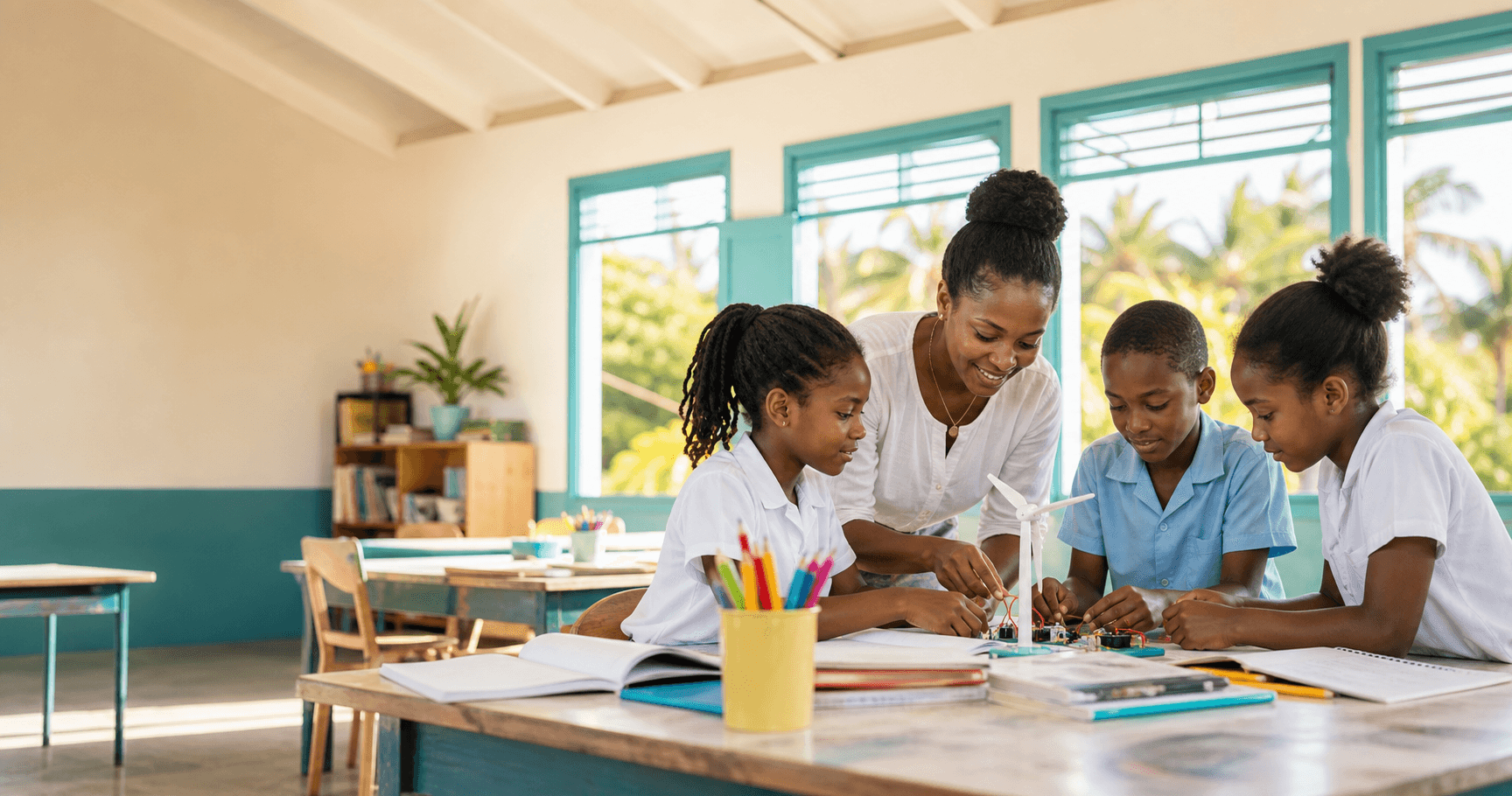 A teacher and students building a wind turbine project together in a Caribbean classroom